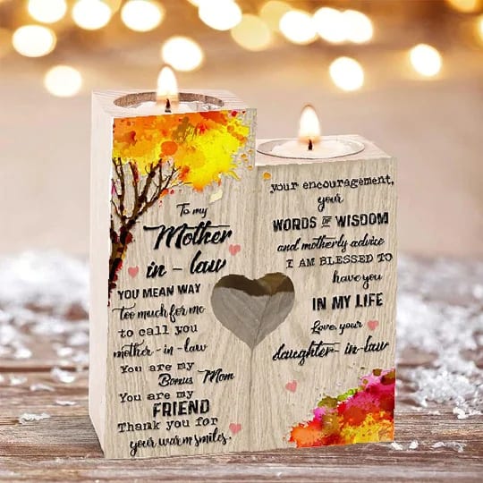 Mother's Day Candle Holders, To My Mother, In, Law Wooden Candlestick, You Are My Bonus Mom, Heart Candle Holder