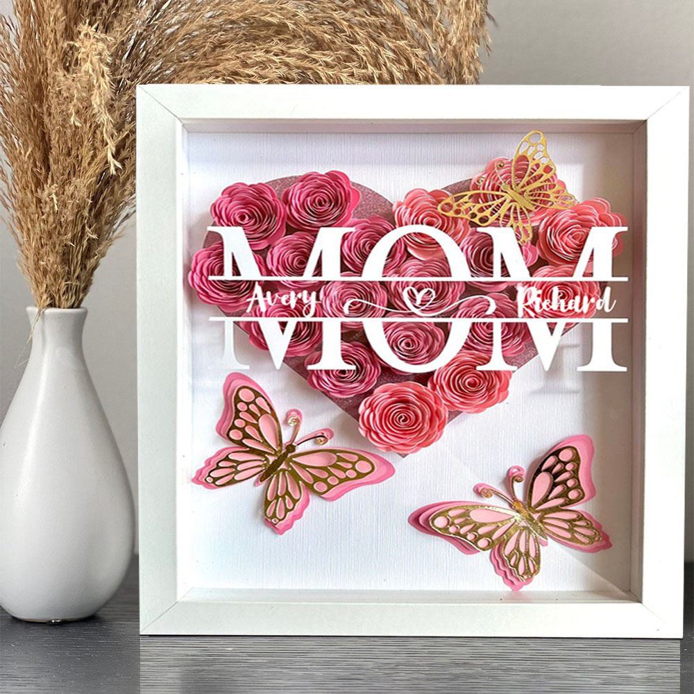 Mother's Day Flower Shadow Box, Personalized Butterfly Mom Flower Shadow Box With Kids Name For Mother's Day