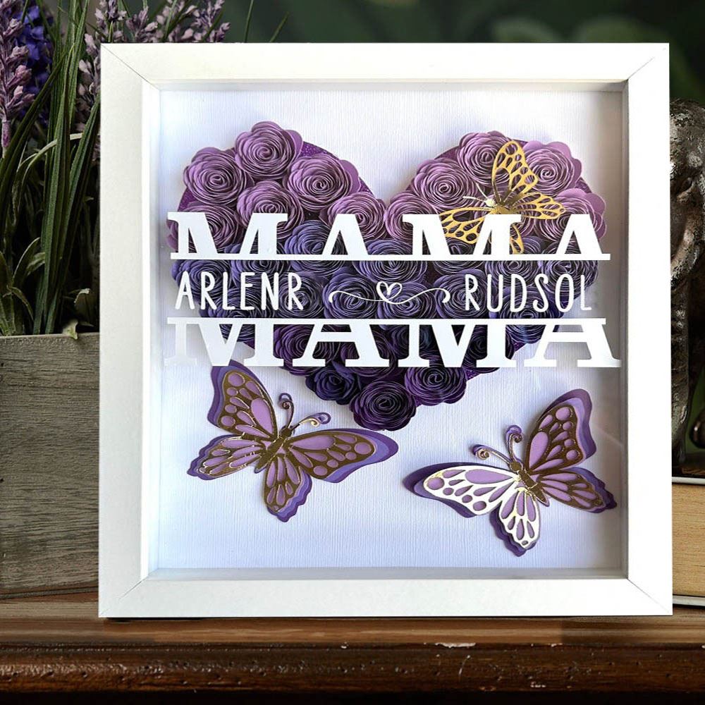 Mother's Day Flower Shadow Box, Personalized Butterfly Mom Ombre Purple Flower Shadow Box With Kids Name For Mother's Day