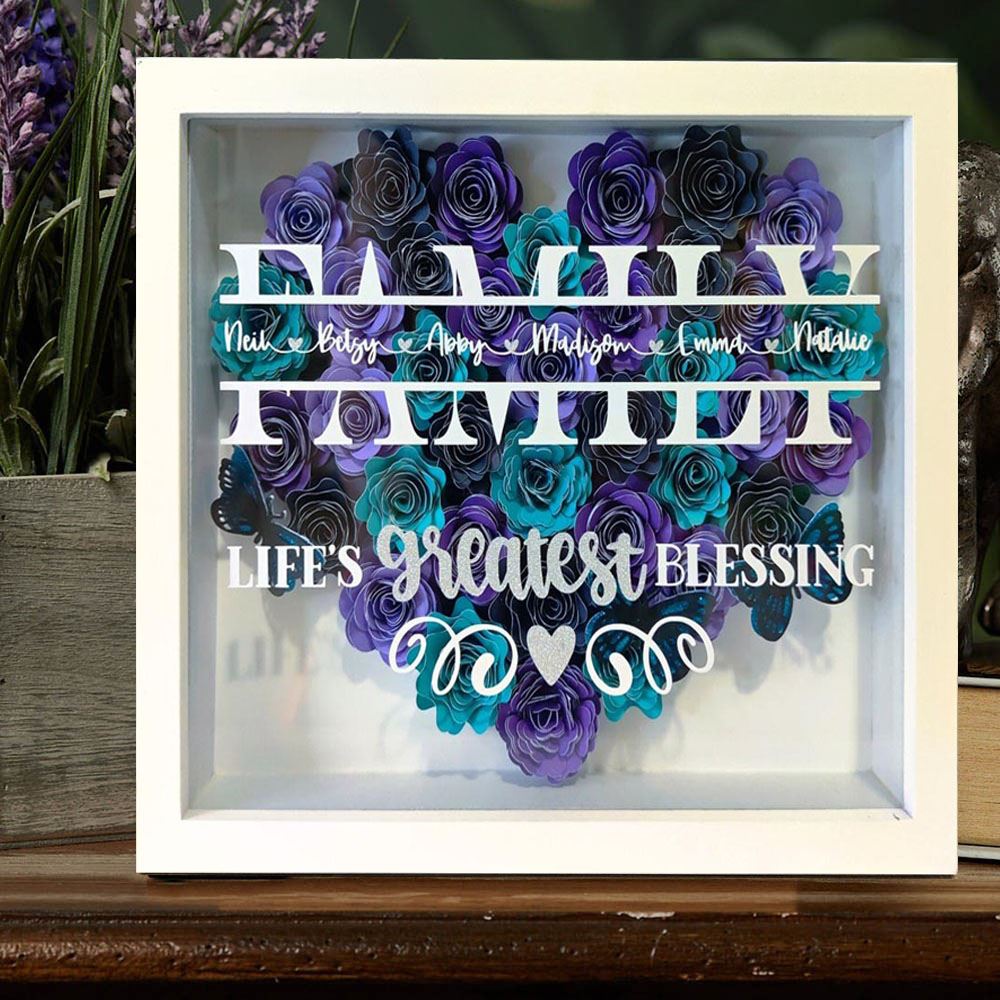 Mother's Day Flower Shadow Box, Personalized Family Pink Flower Shadow Box With Name For Mother's Day Birthday