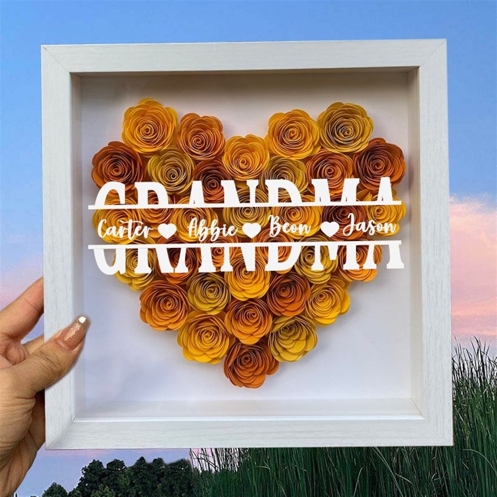 Mother's Day Flower Shadow Box, Personalized Grandma Ombre Aqua Flower Shadow Box With Grandkids Name For Mother's Day Birthday