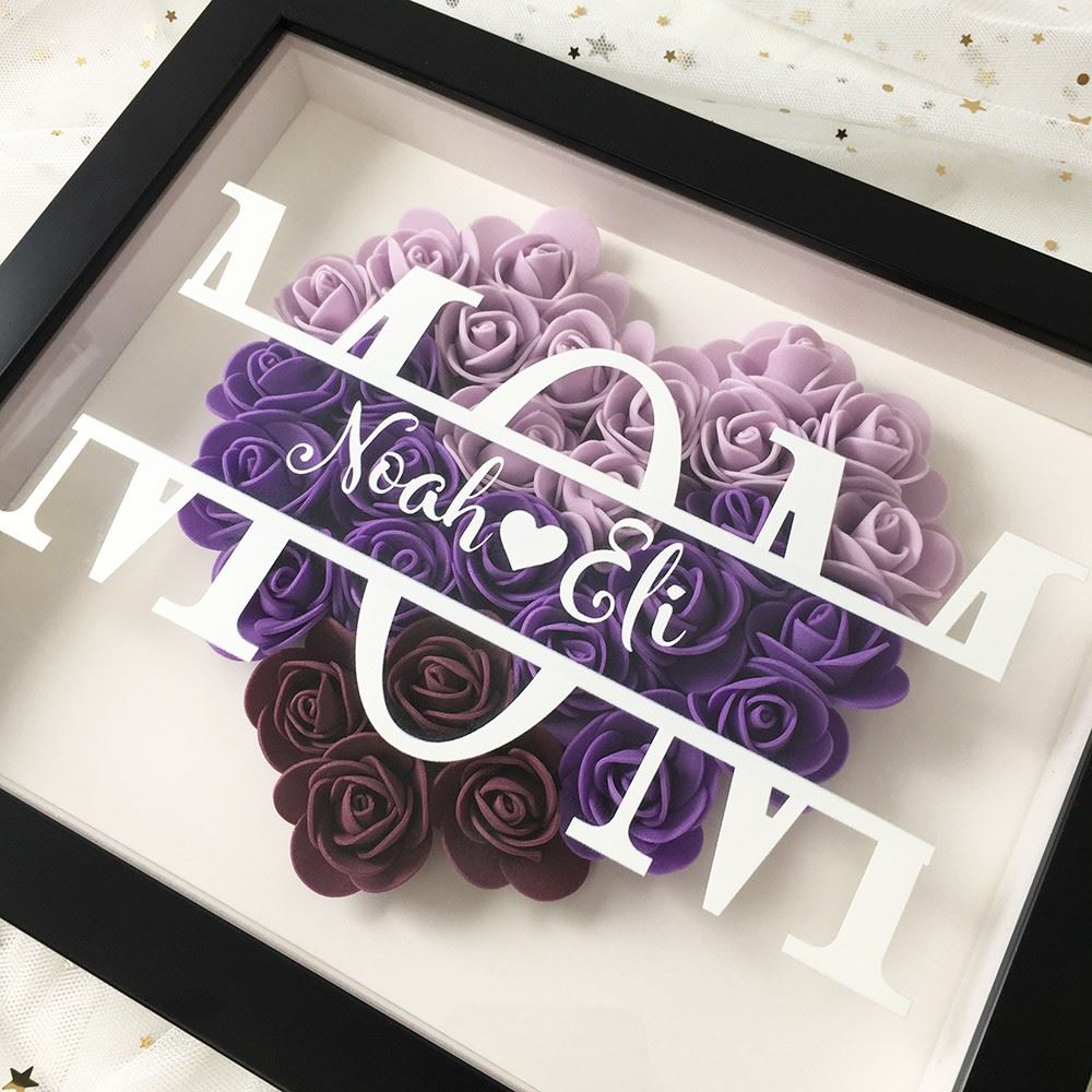 Mother's Day Flower Shadow Box, Personalized Mom BlueViolet Heart Flower Shadow Box With Name For Mother's Day
