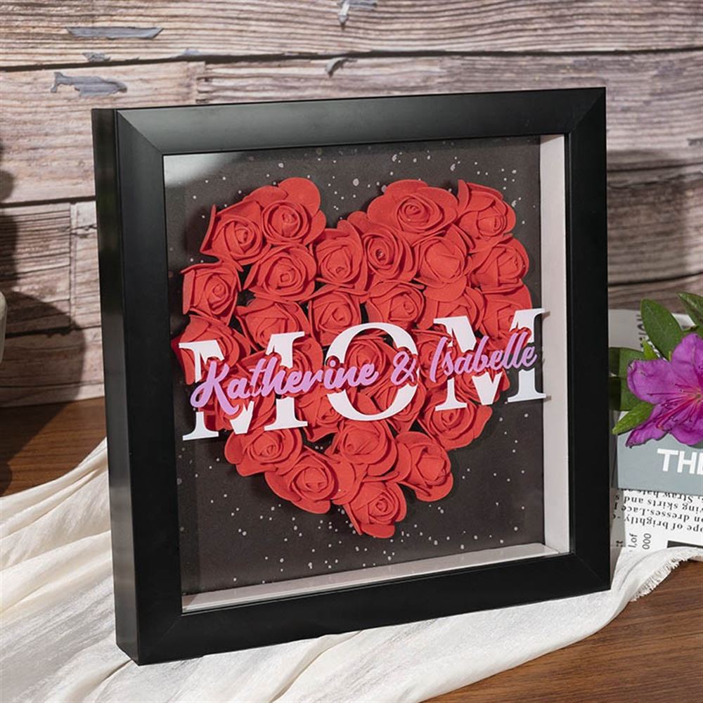 Mother's Day Flower Shadow Box, Personalized Mom Crimson Flower Shadow Box With Kids Name For Grandma Mother's Day Gift