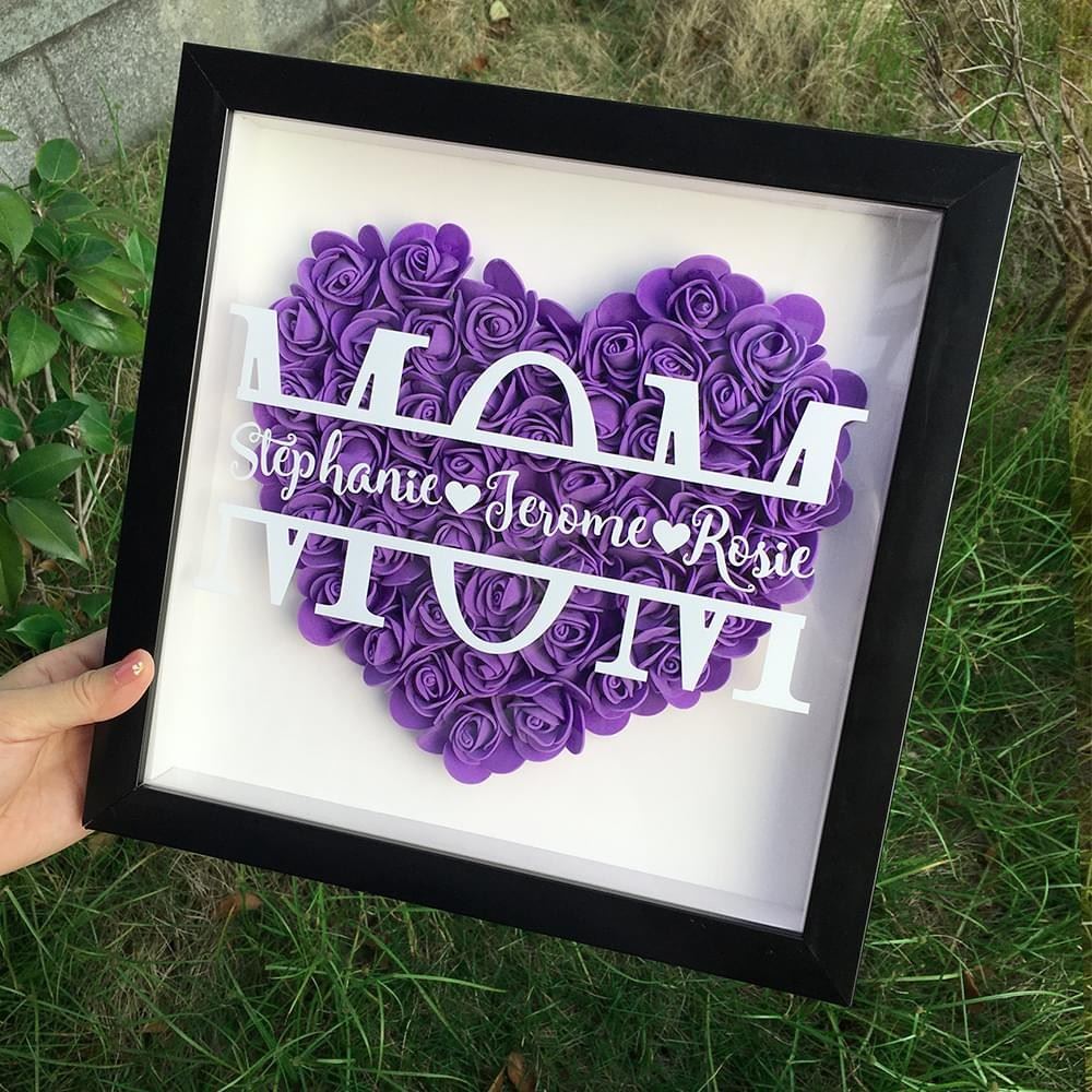 Mother's Day Flower Shadow Box, Personalized Mom DarkViolet Heart Flower Shadow Box With Name For Mother's Day