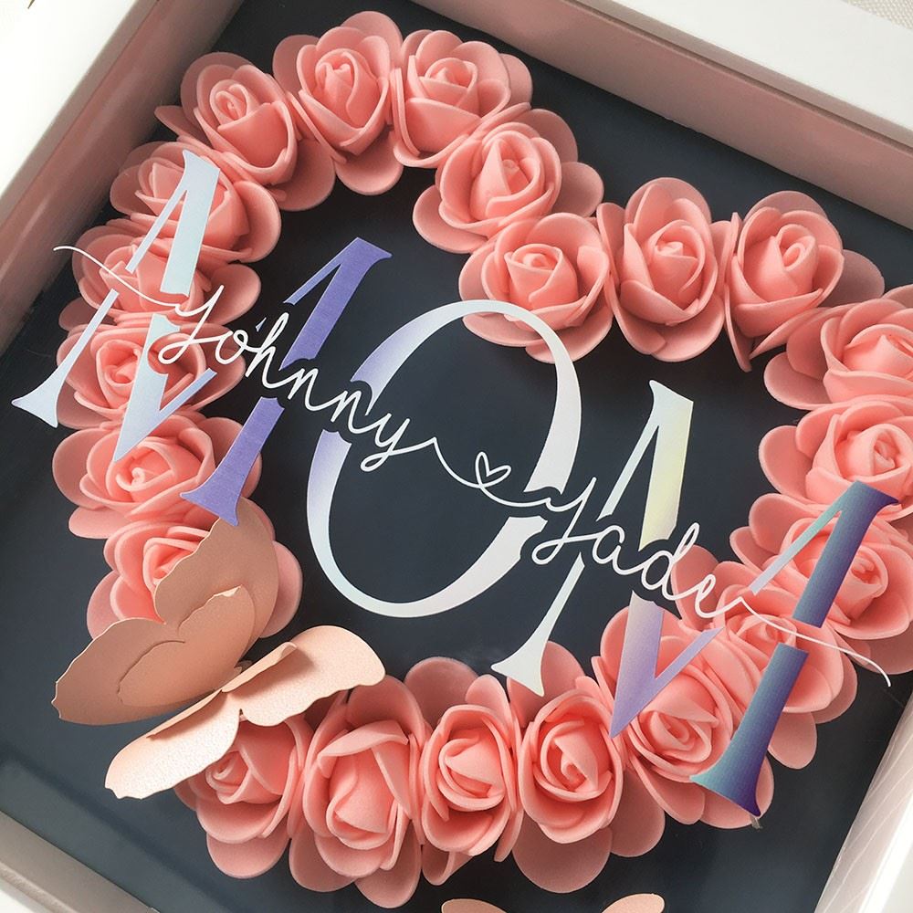 Mother's Day Flower Shadow Box, Personalized Mom DeepPink Heart Flower Shadow Box With Name For Mother's Day