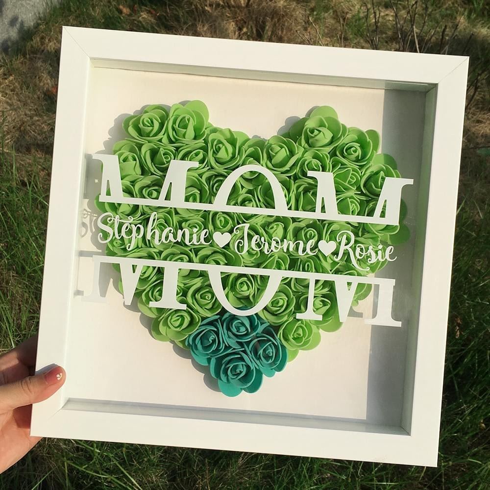 Mother's Day Flower Shadow Box, Personalized Mom LimeGreen Mix Heart Flower Shadow Box With Name For Mother's Day
