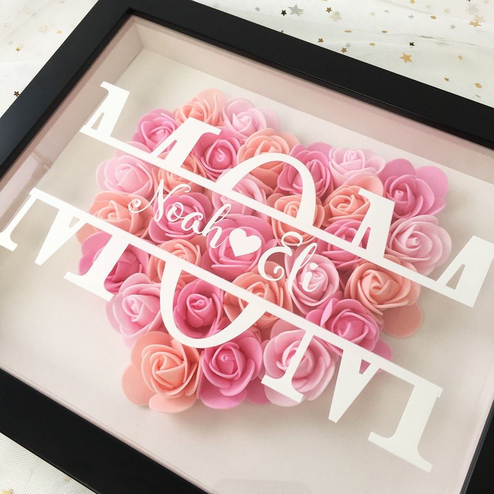 Mother's Day Flower Shadow Box, Personalized Mom Magenta Heart Flower Shadow Box With Name For Mother's Day
