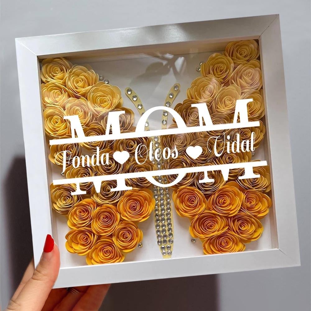 Mother's Day Flower Shadow Box, Personalized Mom Ombre DarkOrange Butterfly Shadow Box With Kids Name For Grandma Mother's Day Gift
