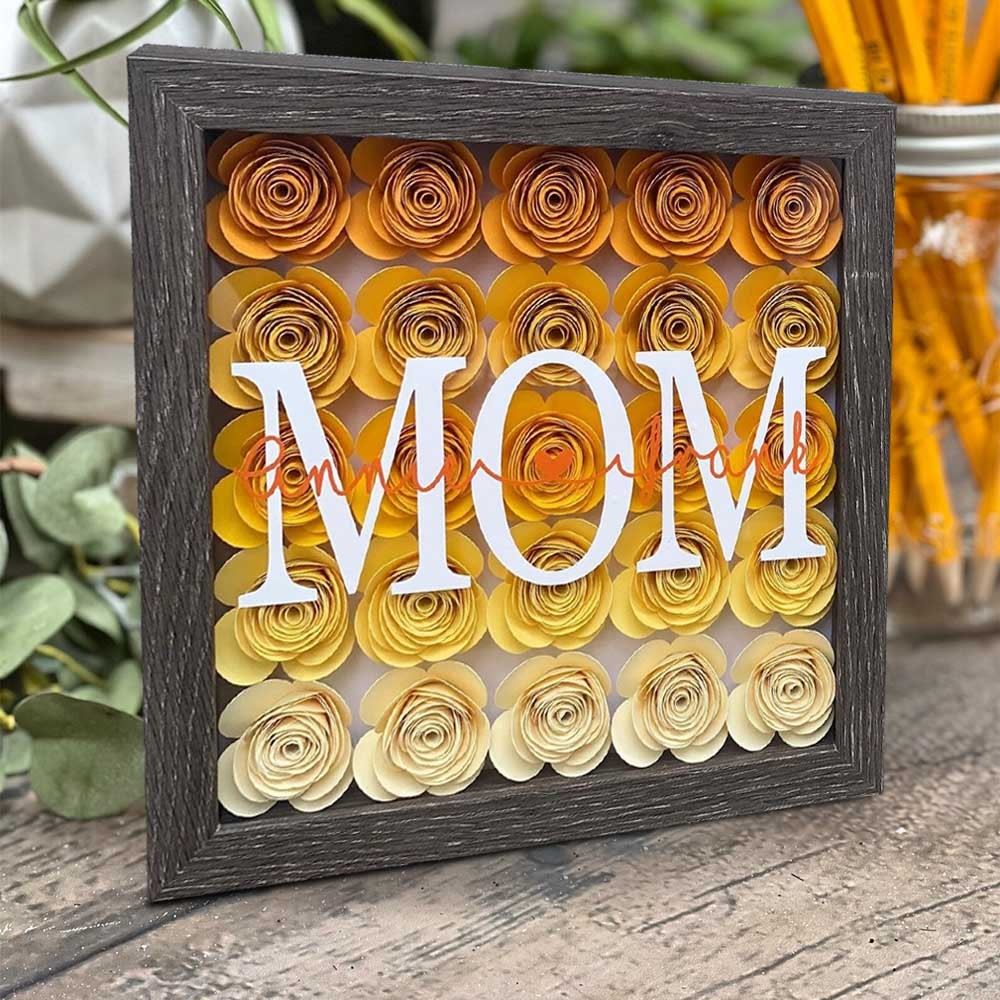 Mother's Day Flower Shadow Box, Personalized Mom Ombre DarkOrange Flower Shadow Box With Kids Name For Mother's Day Birthday
