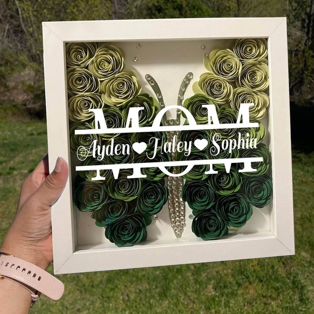 Mother's Day Flower Shadow Box, Personalized Mom Ombre ForestGreen Butterfly Shadow Box With Kids Name For Grandma Mother's Day Gift