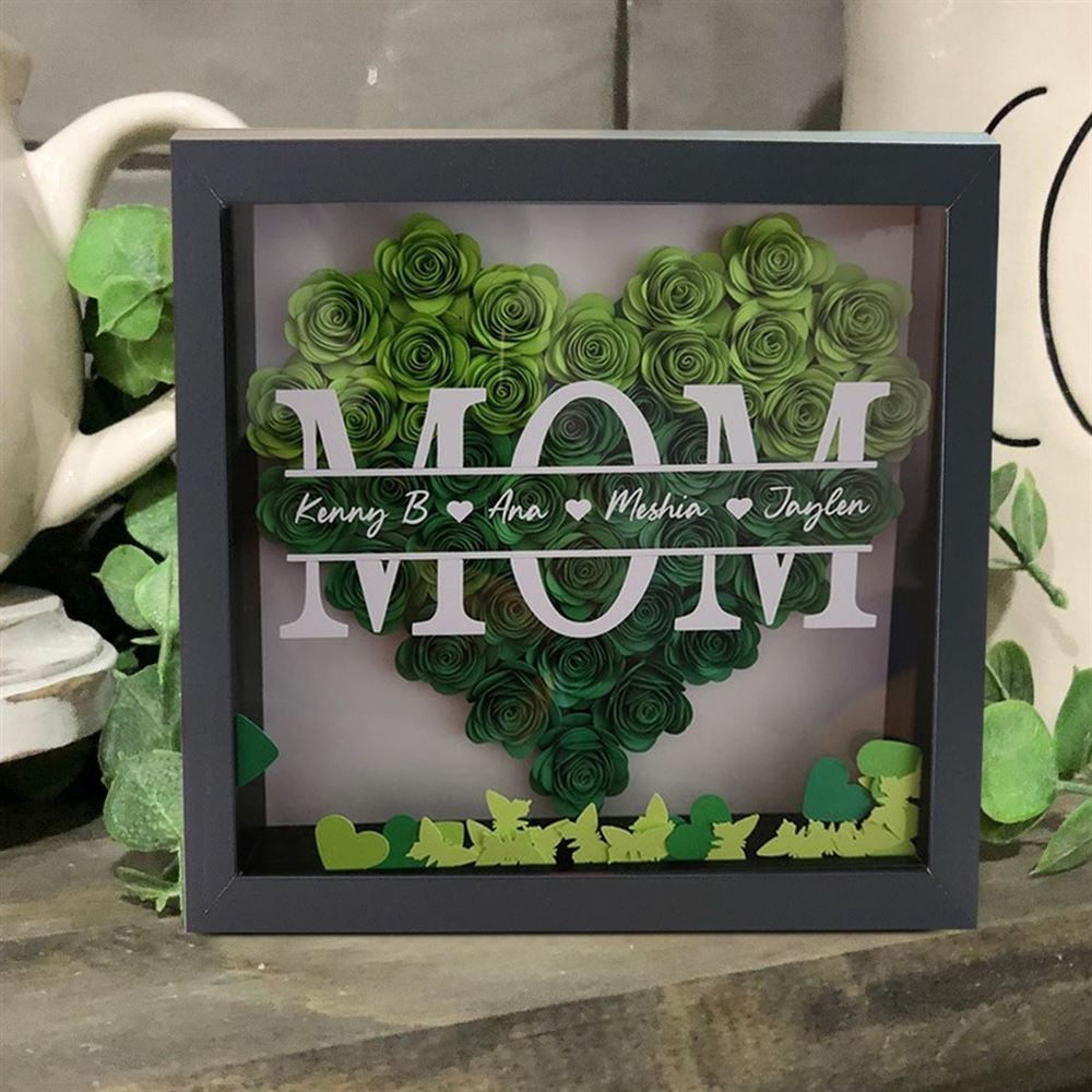 Mother's Day Flower Shadow Box, Personalized Mom Ombre LawnGreen Flower Shadow Box With Kids Name For Mother's Day