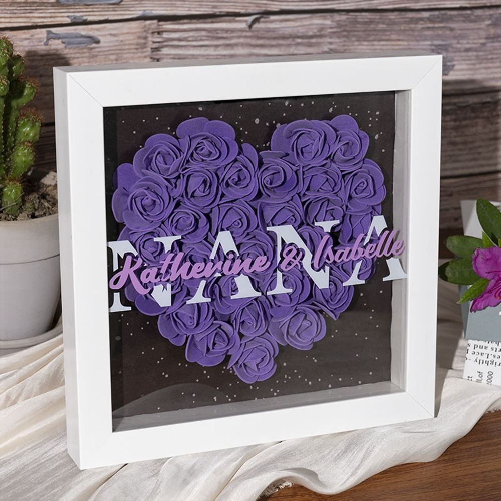Mother's Day Flower Shadow Box, Personalized Mom Purple Flower Shadow Box With Kids Name For Grandma Mother's Day Gift