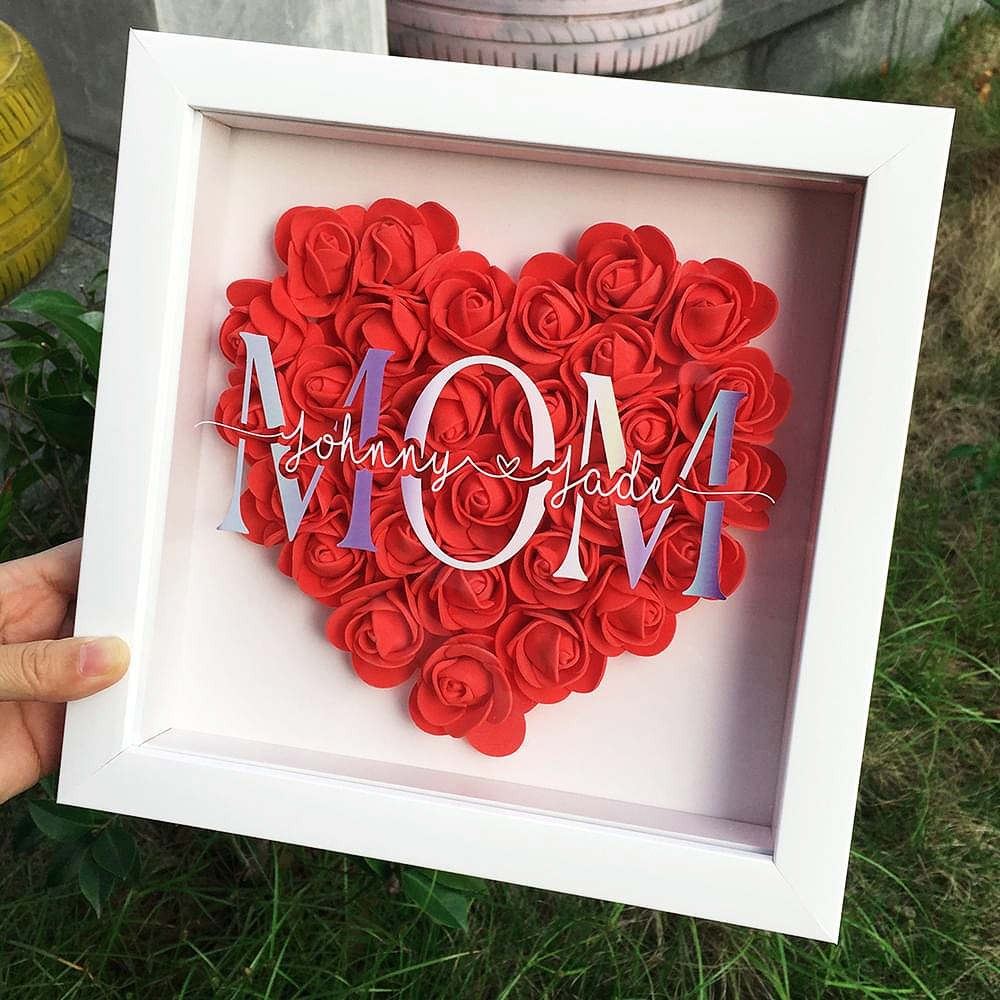 Mother's Day Flower Shadow Box, Personalized Mom Rose Heart Flower Shadow Box With Name