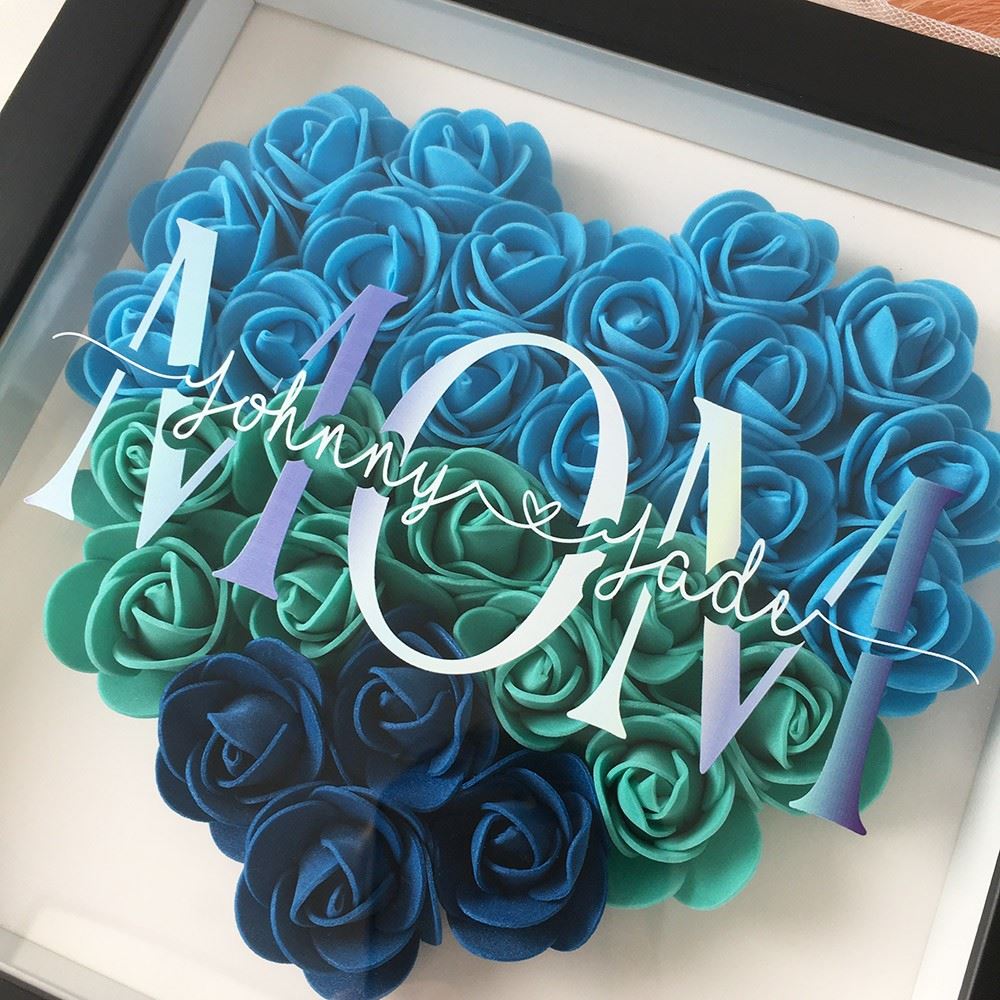 Mother's Day Flower Shadow Box, Personalized Mom Turquoise Heart Flower Shadow Box With Name For Mother's Day