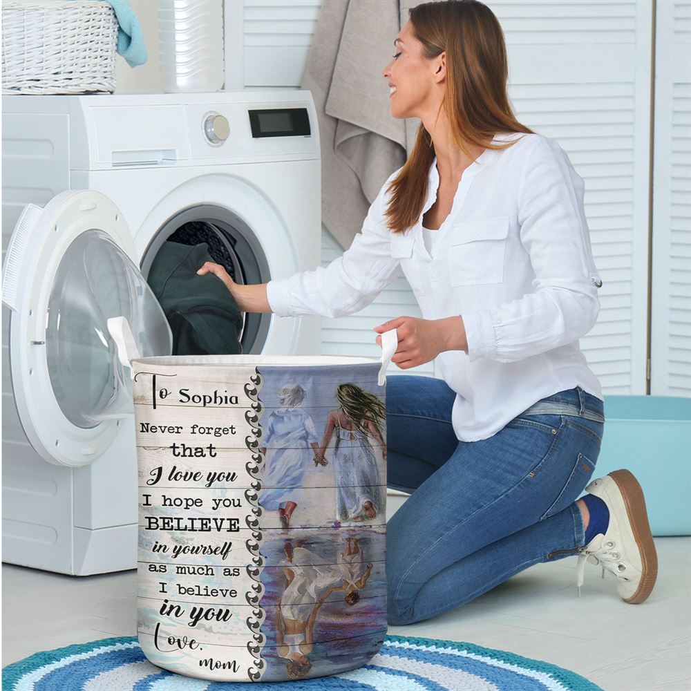 Mother's Day Laundry Basket, Beach Mother Daughter Reflection Never Forget I Love You Mom Personalized Laundry Basket, Mother's Day Gift