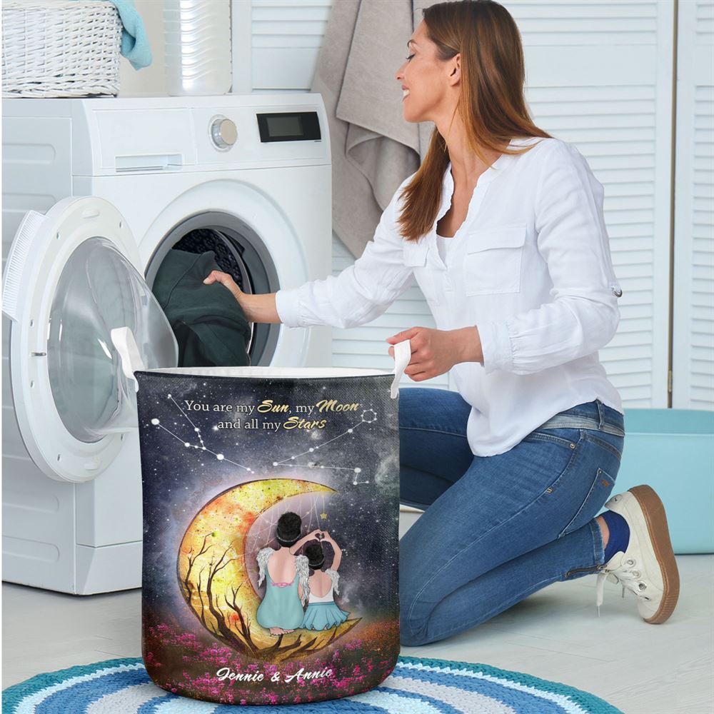 Mother's Day Laundry Basket, Heart Shaped Mother Daughter Night Sky Moon Star Custom Style Laundry Basket, Mother's Day Gift, Storage Basket For Mom