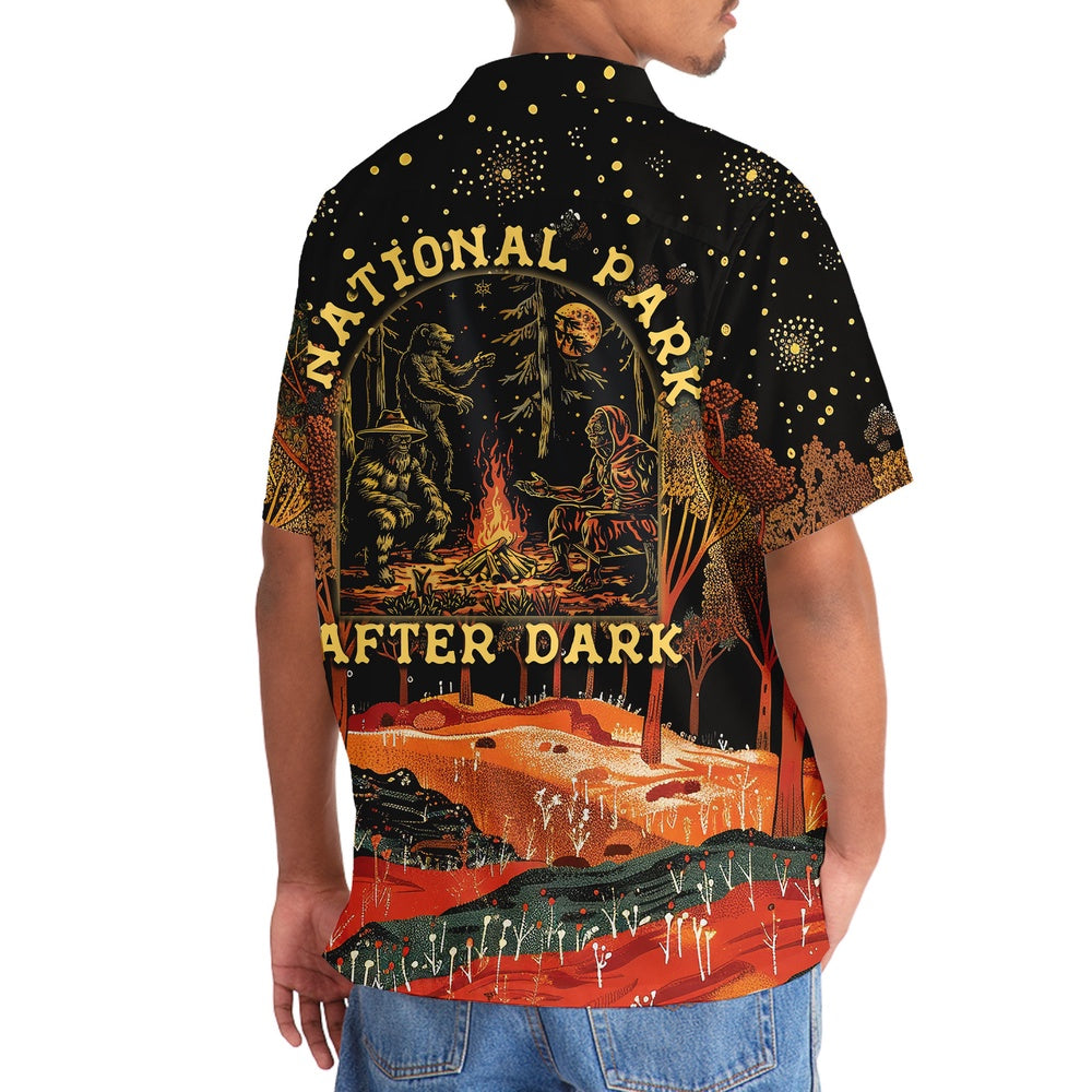 National Park After Dark Bigfoot Alien Bear Hawaiian Shirt, Funny Hawaiian Shirt, Cool Hawaiian Shirts, Best Hawaiian Shirts