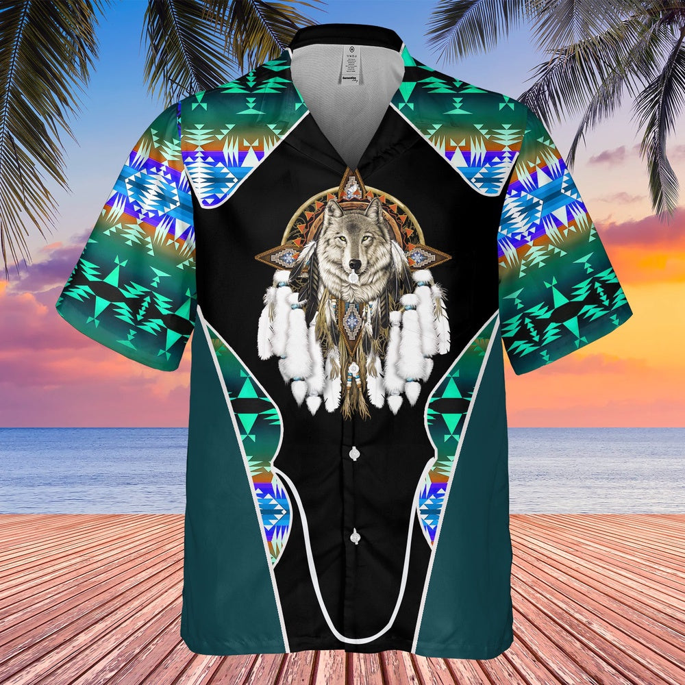 Native American Hawaiian Shirt, Cool Wolf Graphic Hawaiian Shirt, Wolf Native Hawaiian Shirt