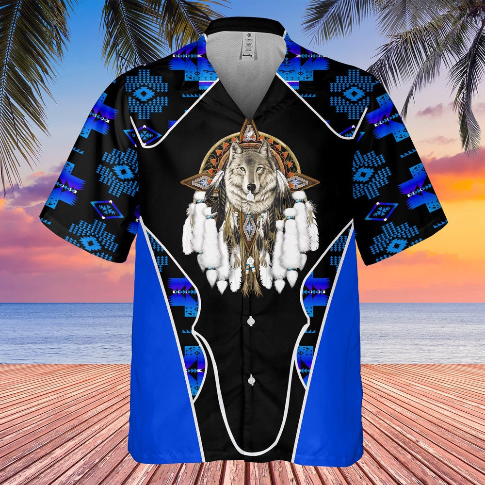 Native American Hawaiian Shirt, Green Forest Vibes Hawaiian Shirt, Wolf Native Hawaiian Shirt