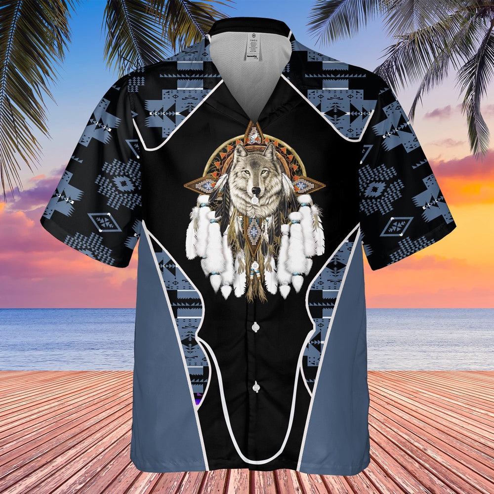 Native American Hawaiian Shirt, Moon Wolf Hawaiian Shirt, Wolf Native Hawaiian Shirt