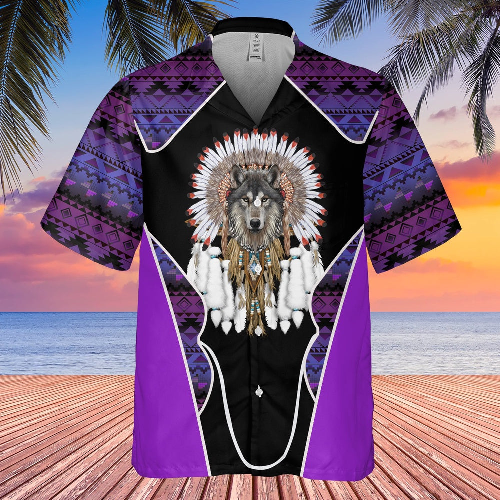 Native American Hawaiian Shirt, Trendy Wolf Graphic Hawaiian Shirt, Wolf Native Hawaiian Shirt