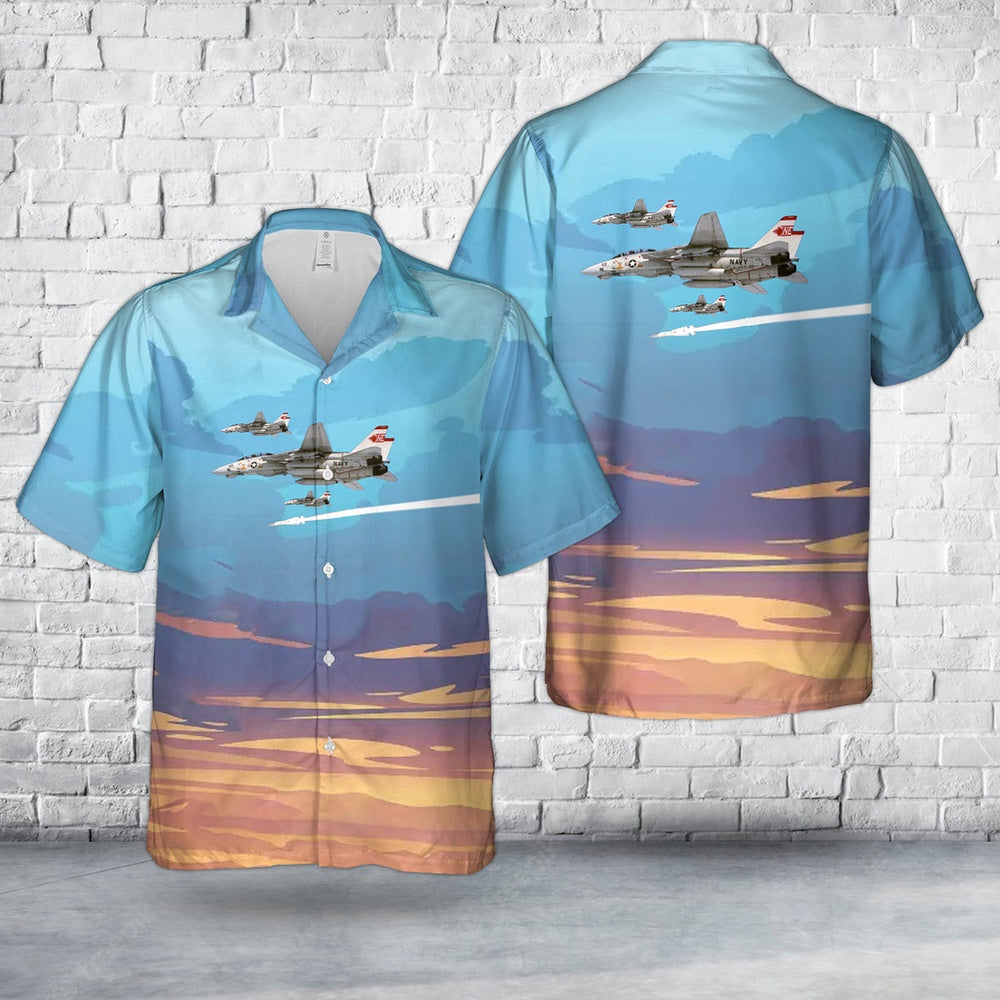 Navy Hawaiian Shirt, Us Navy Grumman F-14A Tomcat From Fighter Squadron Vf-1 Wolfpack Launching An Aim-54 Phoenix Missile Hawaiian Shirt