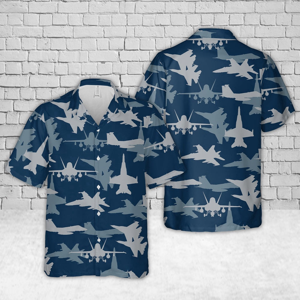 Navy Hawaiian Shirt, Us Navy Mcdonnell Douglas Fa-18 Hornet Aircraft Silhouettes Hawaiian Shirt, Navy Shirts Mens