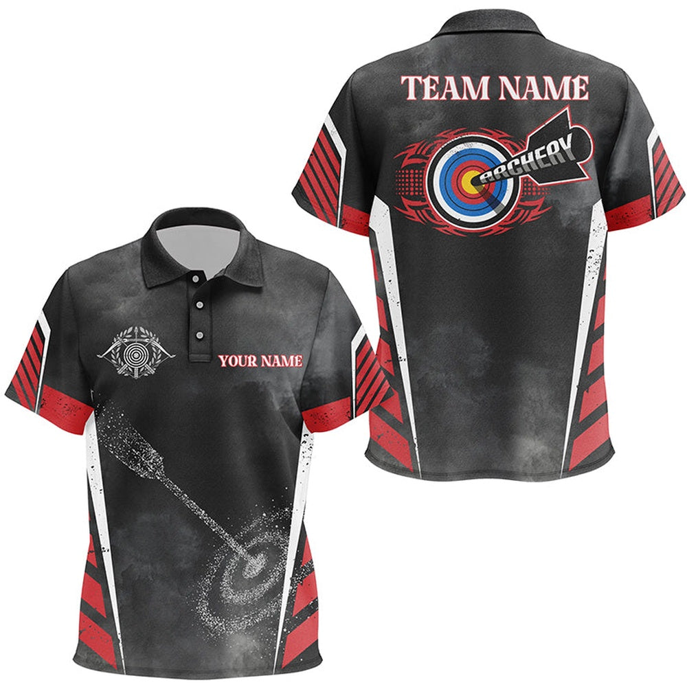 Personalized Archery Target Red Black Grunge Archery Polo Shirts, Custom Archery Jerseys, Archery Team Shirts, Custom Archery Shirts