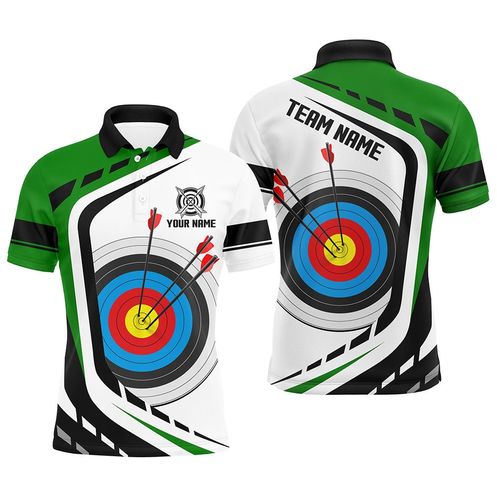 Personalized Archery Target White Green Jersey Men Polo Shirts Custom Archery Outfit For Archer, Archery Team Shirts, Custom Archery Shirts