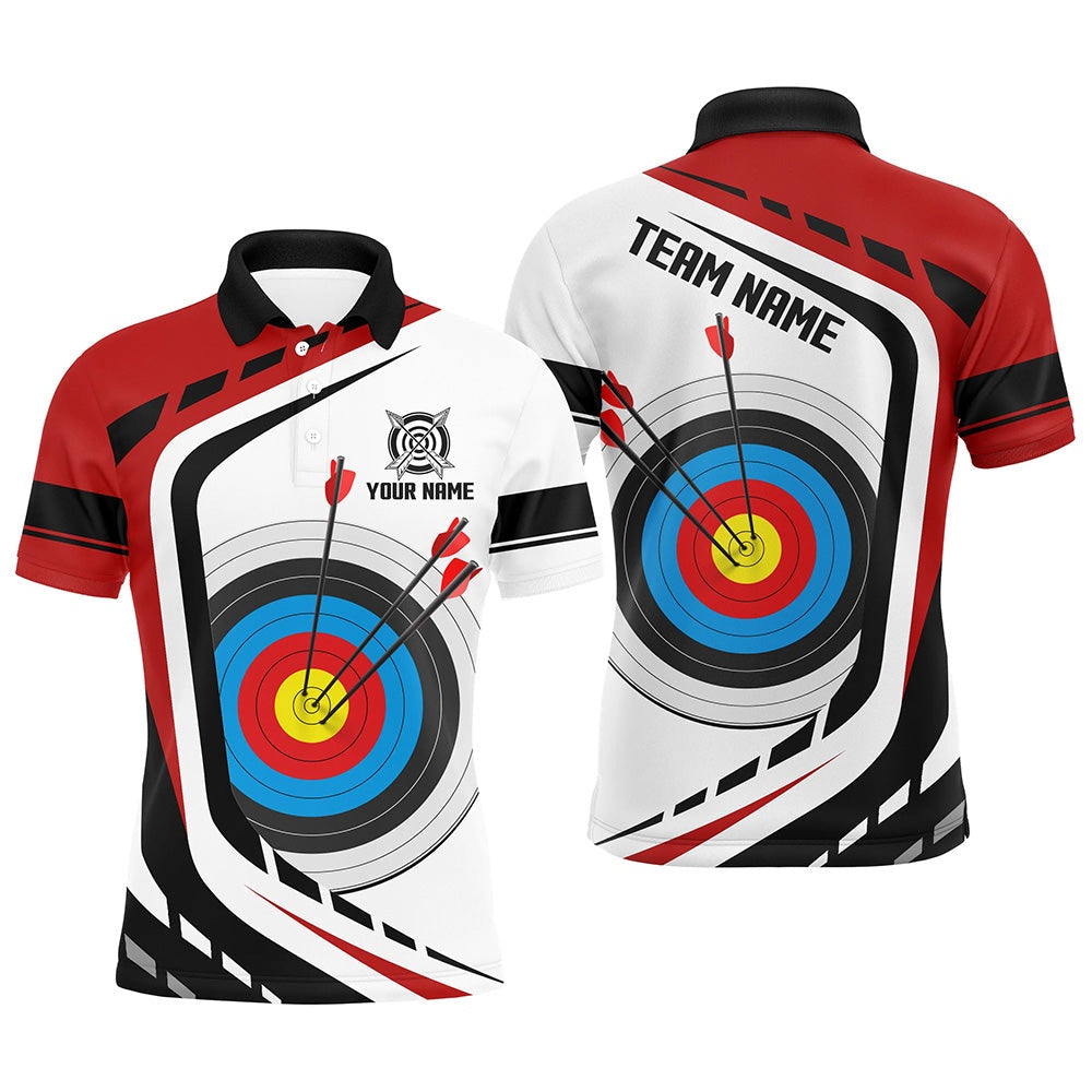 Personalized Archery Target White Red Jersey Men Polo Shirts Custom Archery Outfit For Archer, Archery Team Shirts, Custom Archery Shirts