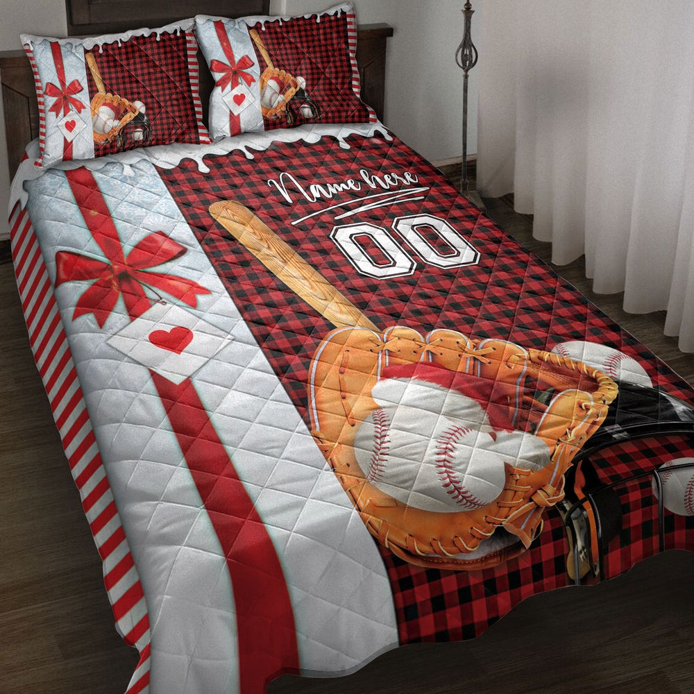 Personalized Baseball Quilt Set, Baseball Santa Hat Withmas Quilt Blanket, And Number Bedding