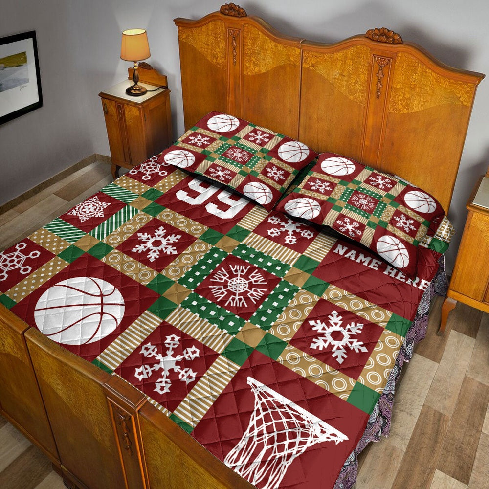 Personalized Basketball Quilt Set, Christmas Basketball Xmasmas Quilt Blanket, And Number Bedding