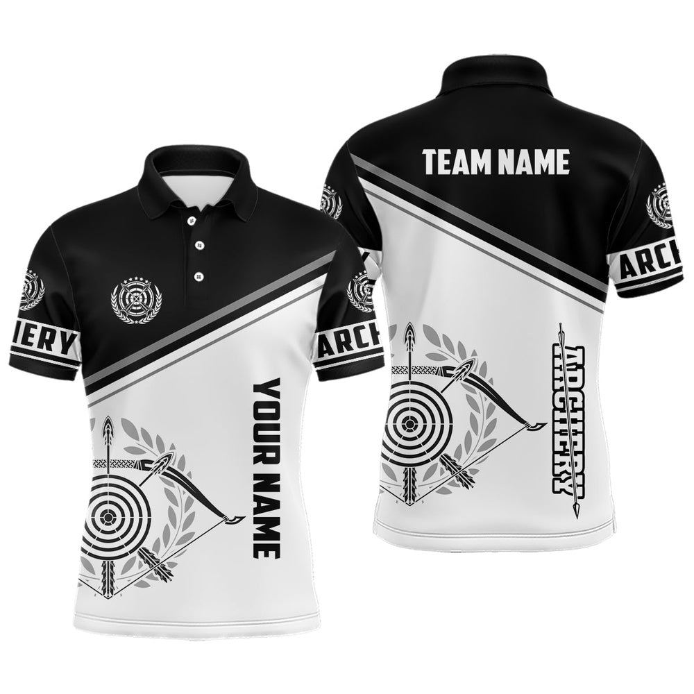 Personalized Black White Archery Bow Polo Shirts For Men Custom Archery Team Uniform Shirts, Archery Team Shirts, Custom Archery Shirts