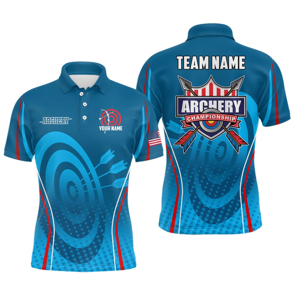 Personalized Blue Red Target Archery Polo Shirts For Men, Archery Champion US Flag Archery Shirts, Archery Team Shirts, Custom Archery Shirts