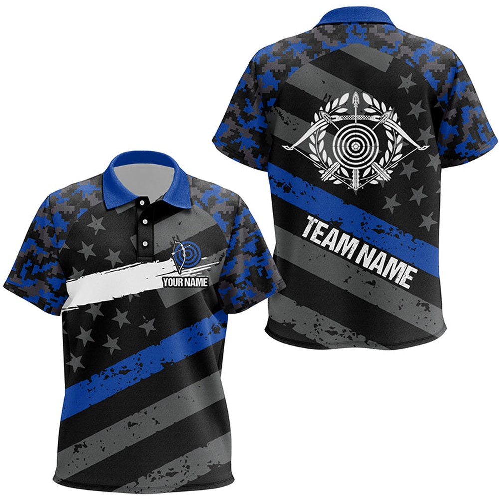 Personalized Blue Retro US Flag Archery Polo Shirts Custom Targets Archery Jerseys, Archery Team Shirts, Custom Archery Shirts
