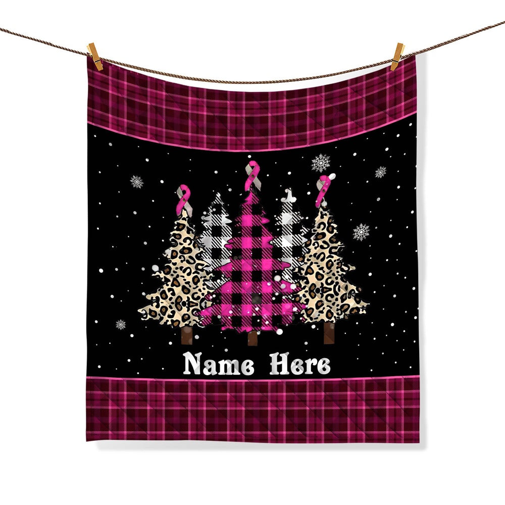Personalized Breast Cancer Quilt Set, Christmas Tree Quilt Blanket & Pillowcases