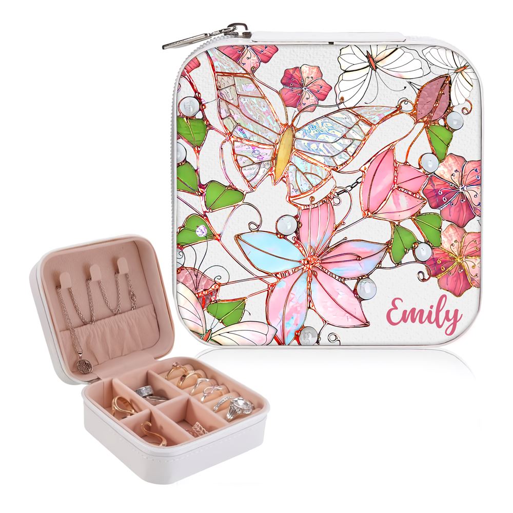 Personalized Butterflies and Flowers Jewelry Box, Travel Jewelry Case Gift For Mom, Wife, Aunt, Friends, Mother's Day Jewelry Case