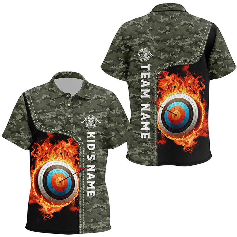 Personalized Camouflage Flaming Target Archery Polo Shirts, Custom Archery Team Jerseys, Archery Team Shirts, Custom Archery Shirts