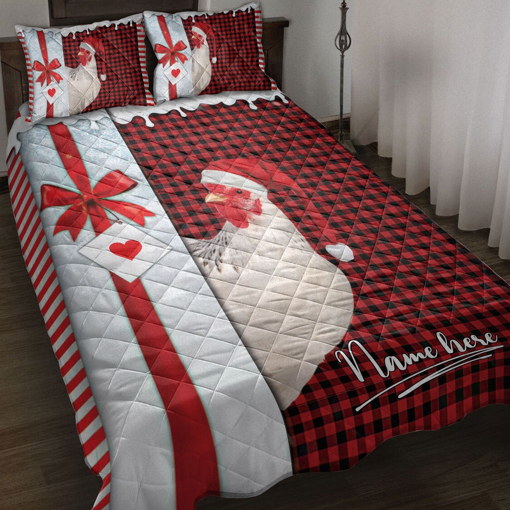 Personalized Chicken Quilt Set, Chicken Santa Hat Withmas Letter Quilt Blanket