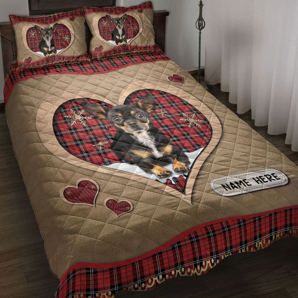 Personalized Chihuahua Quilt Set, Chihuahuamas Heart Red Plaid Quilt Blanket