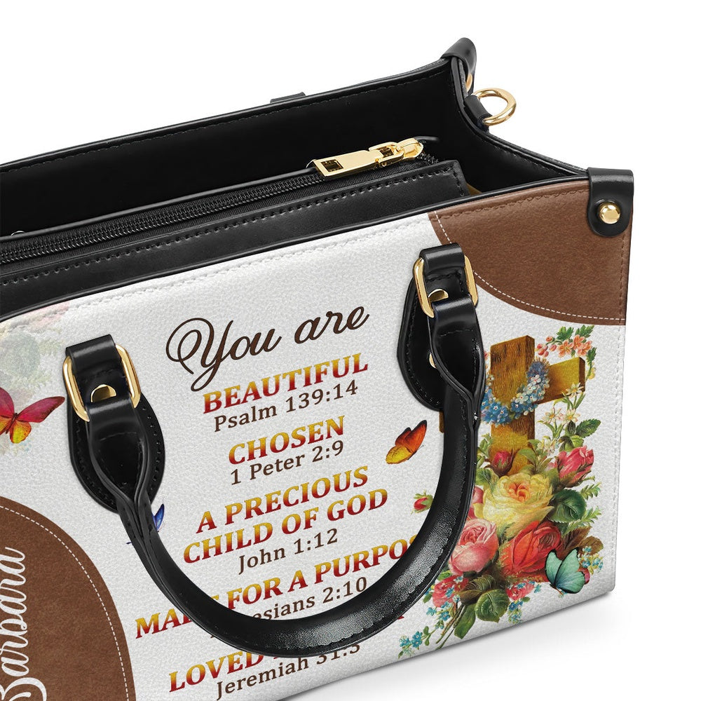 Personalized Christian Leather Bag, A Precious Child Of God Unique Personalized Leather Handbag For Women Roses And Cross, Faith Handbag