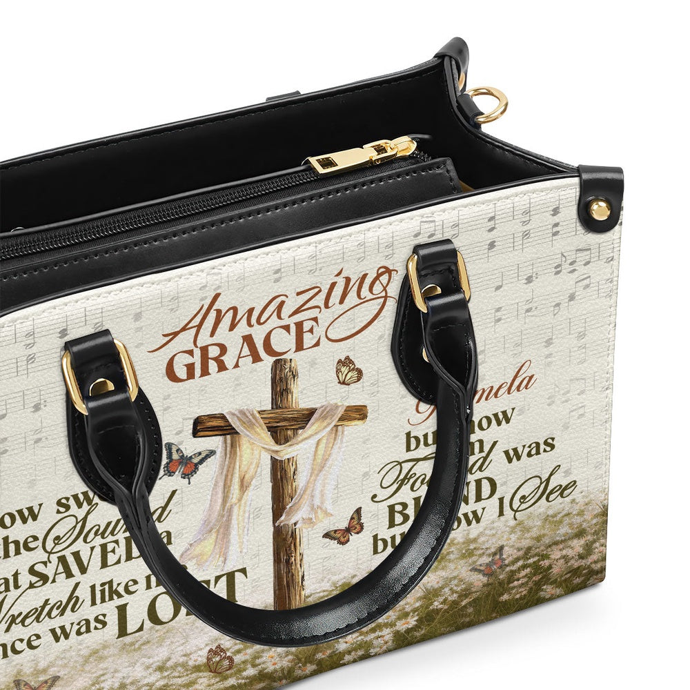 Personalized Christian Leather Bag, Amazing Grace I'm Found Was Blind But Now I See Leather Handbag, Faith Handbag