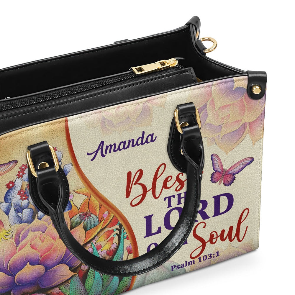 Personalized Christian Leather Bag, Bless The Lord O My Soul Psalm 1031 Flower And Butterfly Leather Handbag, Faith Handbag