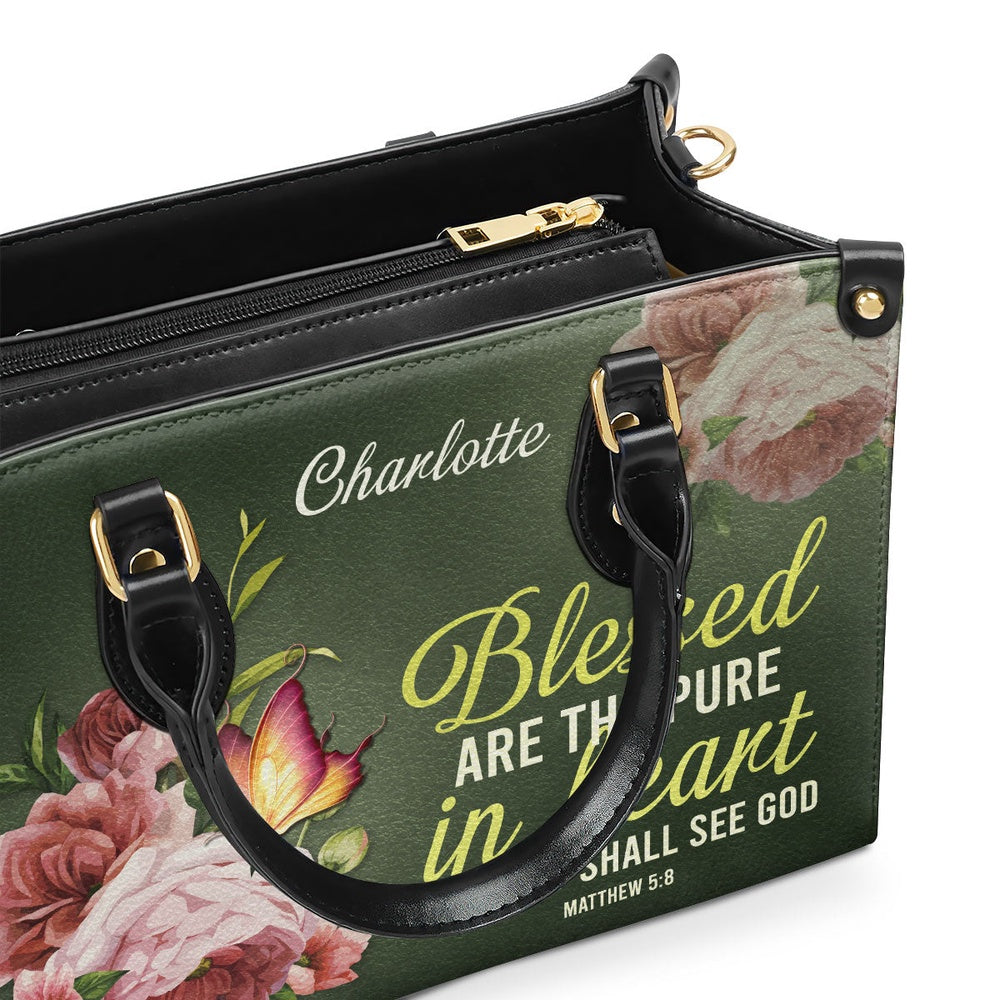 Personalized Christian Leather Bag, Blessed Are The Pure In Heart Matthew 58 Leather Handbag, Faith Handbag