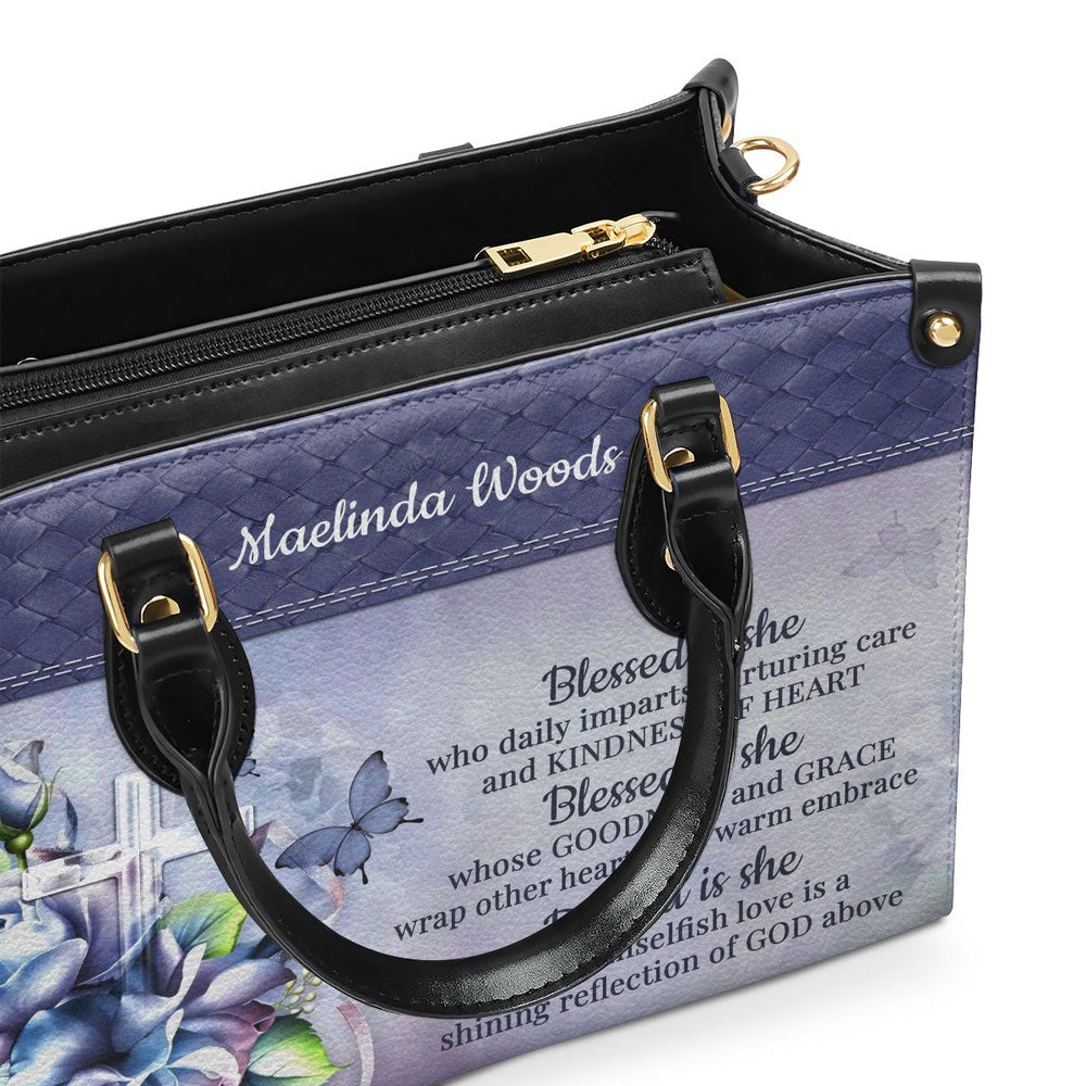 Personalized Christian Leather Bag, Blessed Is She Who Daily Imparts Nurturing Care Leather Handbag, Faith Handbag