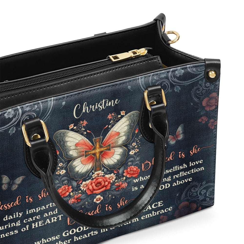 Personalized Christian Leather Bag, Blessed Is She Whose Unselfish Love Is A Shining Reflection Of God Above Leather Handbag, Faith Handbag