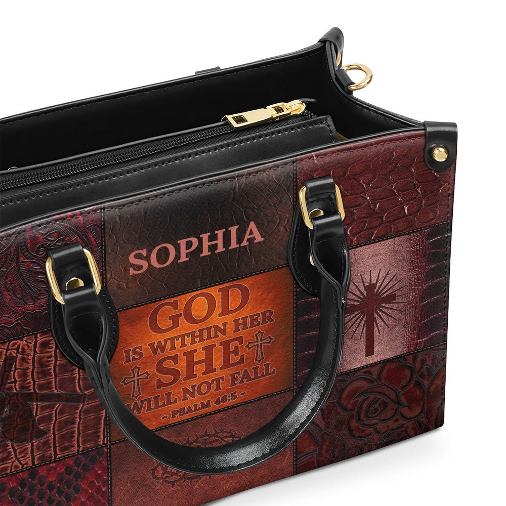 Personalized Christian Leather Bag, God Is Within Her, She Will Not Fall Leather Handbag, Faith Handbag