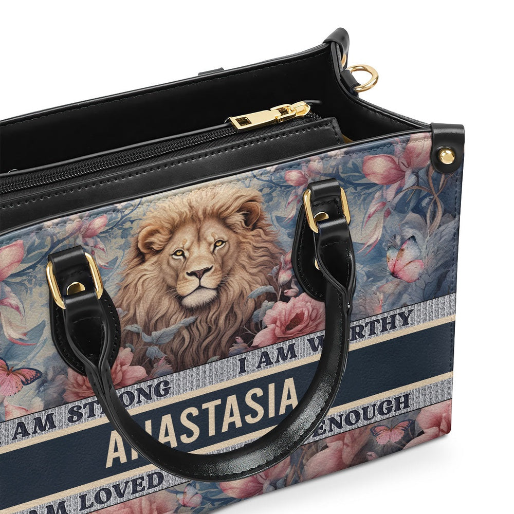 Personalized Christian Leather Bag, I Am Strong I Am Worthy Leather Handbag, Faith Handbag
