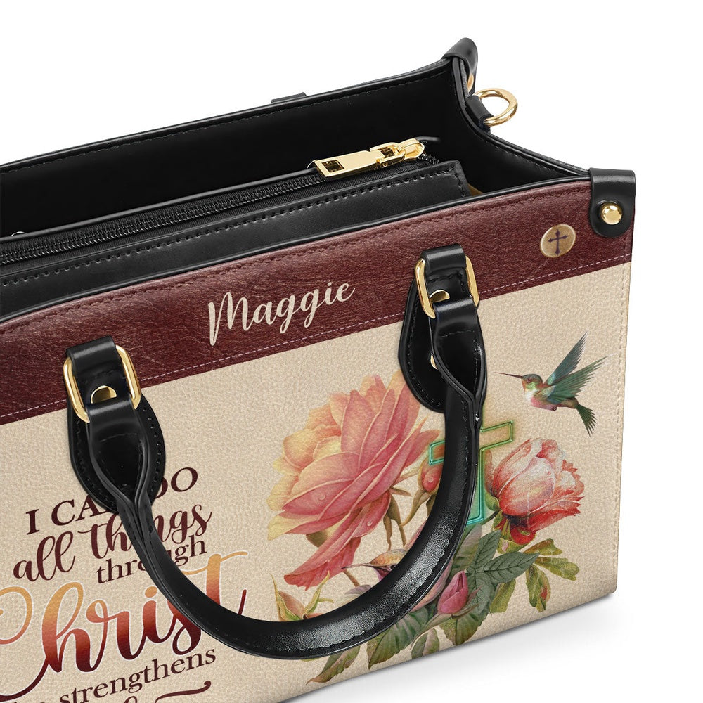 Personalized Christian Leather Bag, I Can Do All Things Through Christ Philippians 413 Humming Bird And Cross Leather Handbag, Faith Handbag