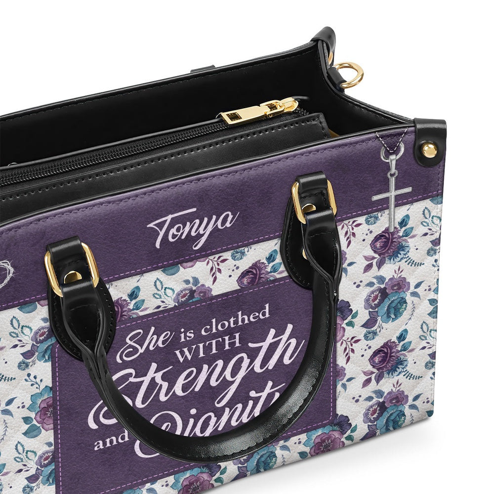 Personalized Christian Leather Bag, Proverbs 3125 She Is Clothed With Strength and Dignity Leather Handbag, Faith Handbag